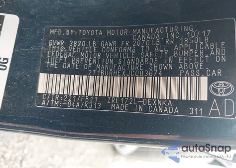 2018 Toyota Corolla Le из США, поврежденный, VIN 2T1BURHEXJC003674